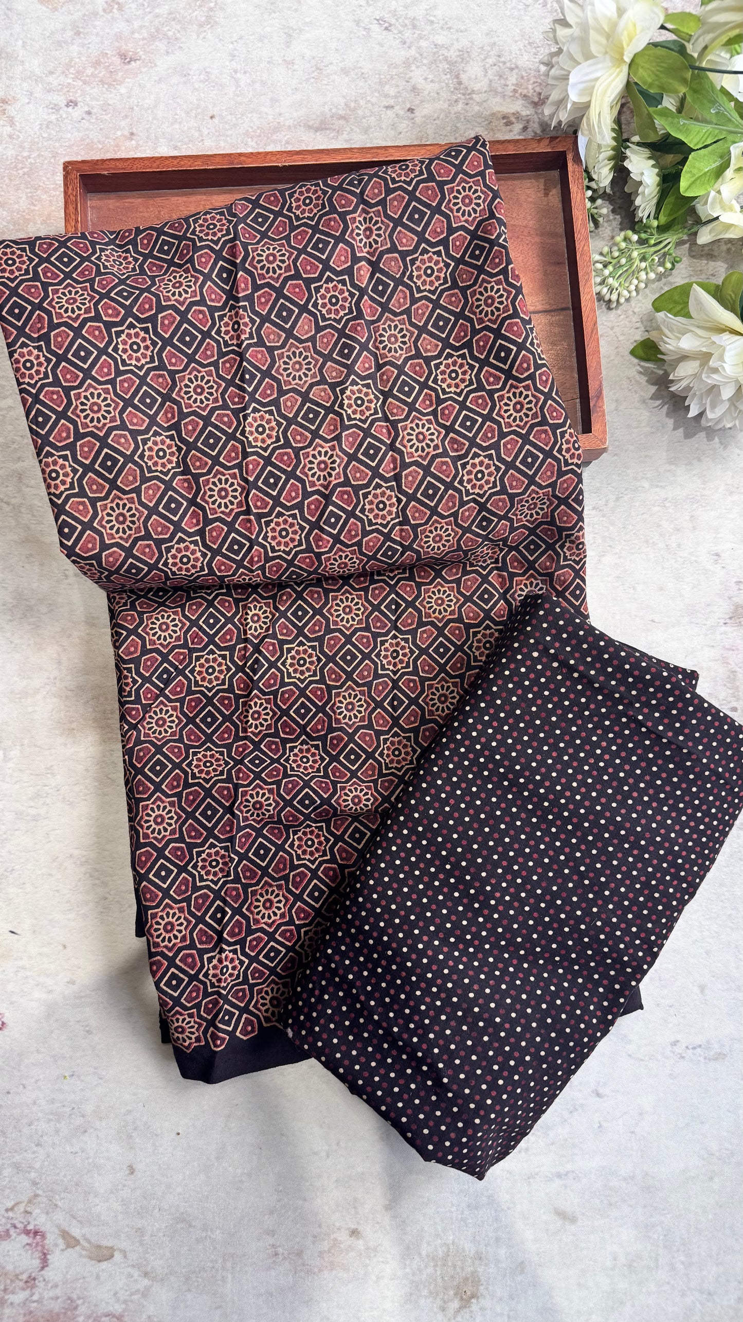 Black Diamond Flower Motif Ajrakh Pure Cotton Fabric Set with Polka Dot Lower