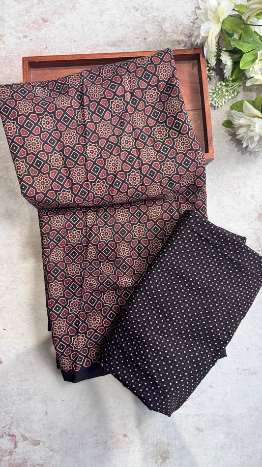 Black Diamond Flower Motif Ajrakh Pure Cotton Fabric Set with Polka Dot Lower