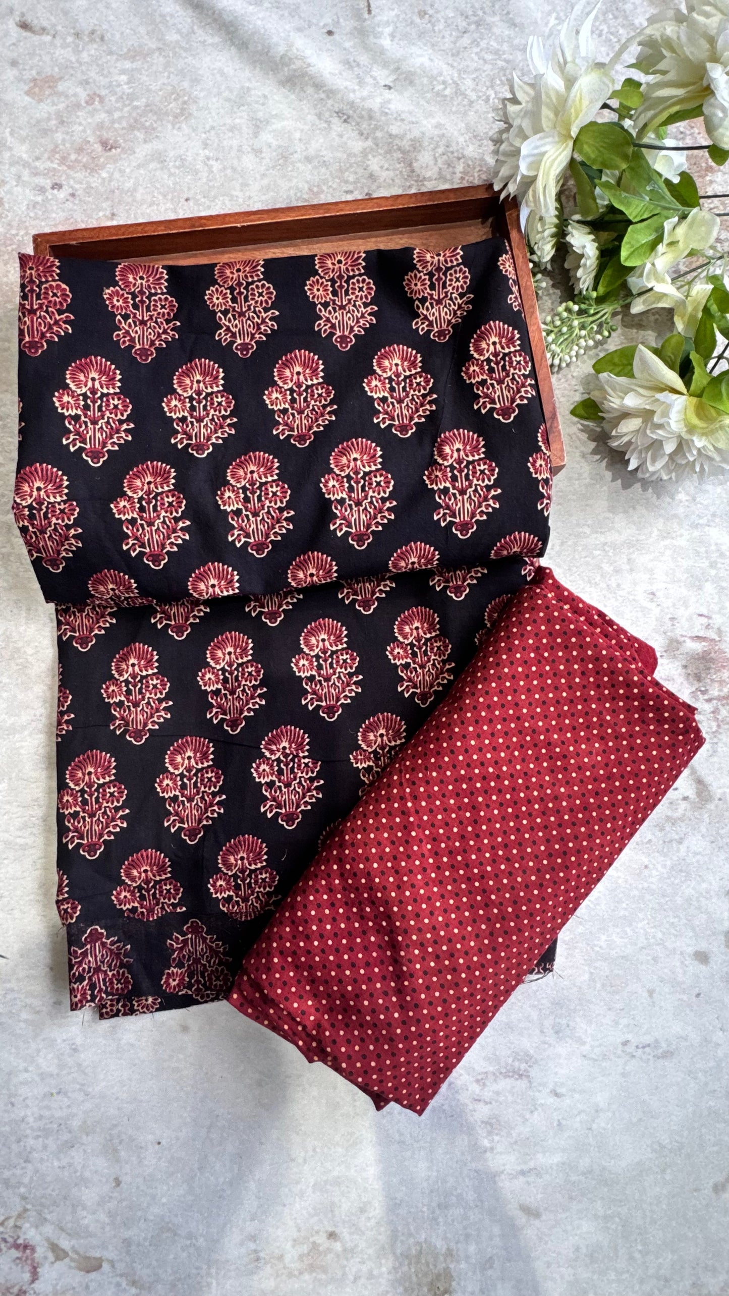 Black Blooming Flower Motif Ajrakh Pure Cotton Fabric Set with Red Polka Dot Shade Lower