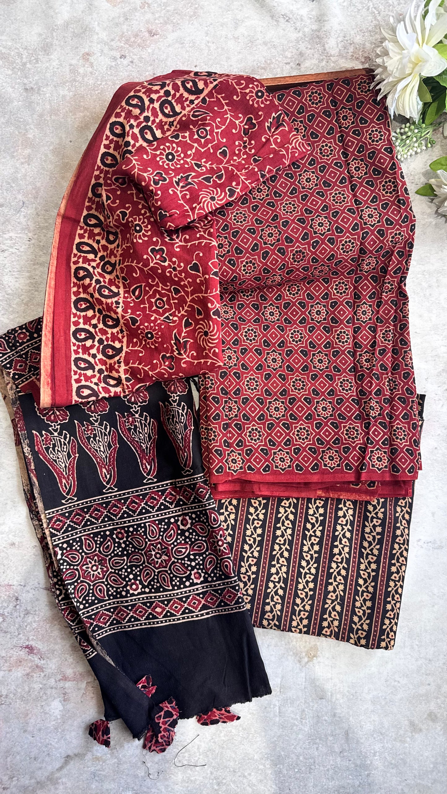 Red Geometric Pattern Flower Motif Ajrakh Pure Cotton Suit Set with Ajrakh Cotton Dupatta