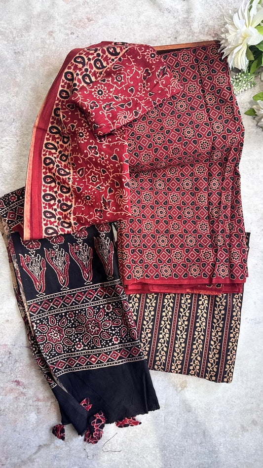 Red Geometric Pattern Flower Motif Ajrakh Pure Cotton Suit Set with Ajrakh Cotton Dupatta
