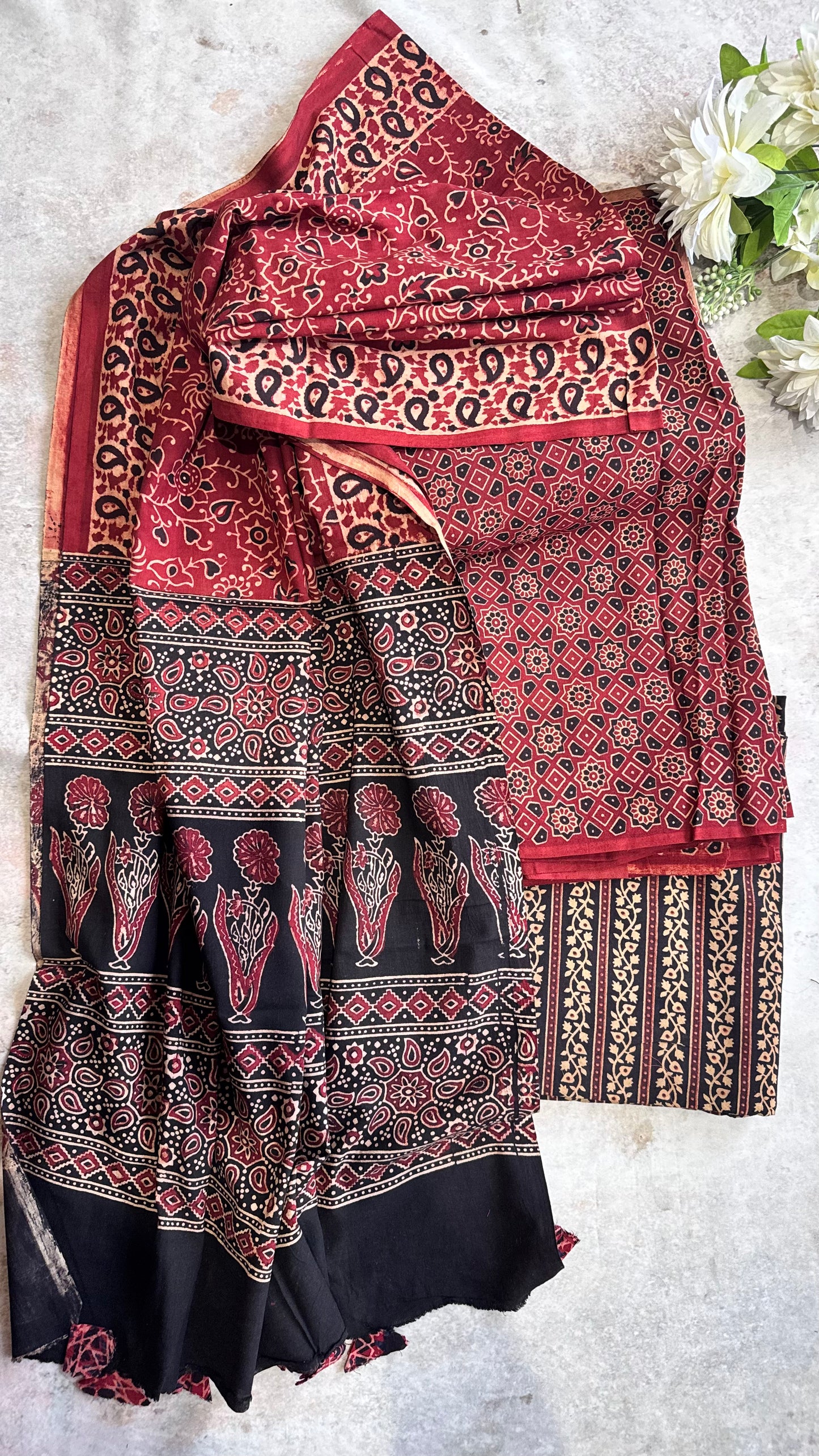 Red Geometric Pattern Flower Motif Ajrakh Pure Cotton Suit Set with Ajrakh Cotton Dupatta