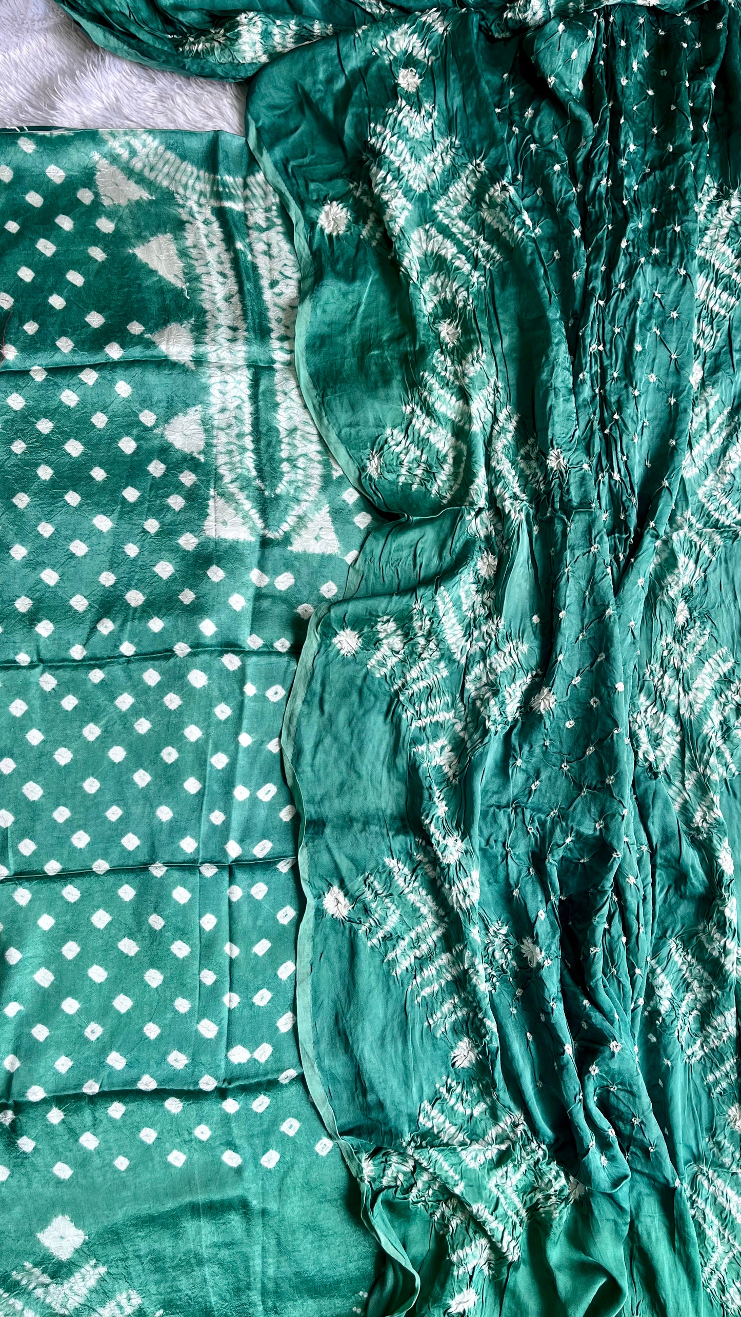 Sea Green Bandhej Semi Modal Silk 3 pc Suit Set with Lagdi Patti Dupatta