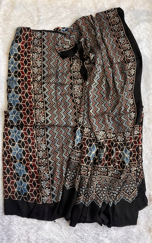 Black Grid Motif Ajrakh Hand Block Print Modal Silk 2 pc Suit Material Set