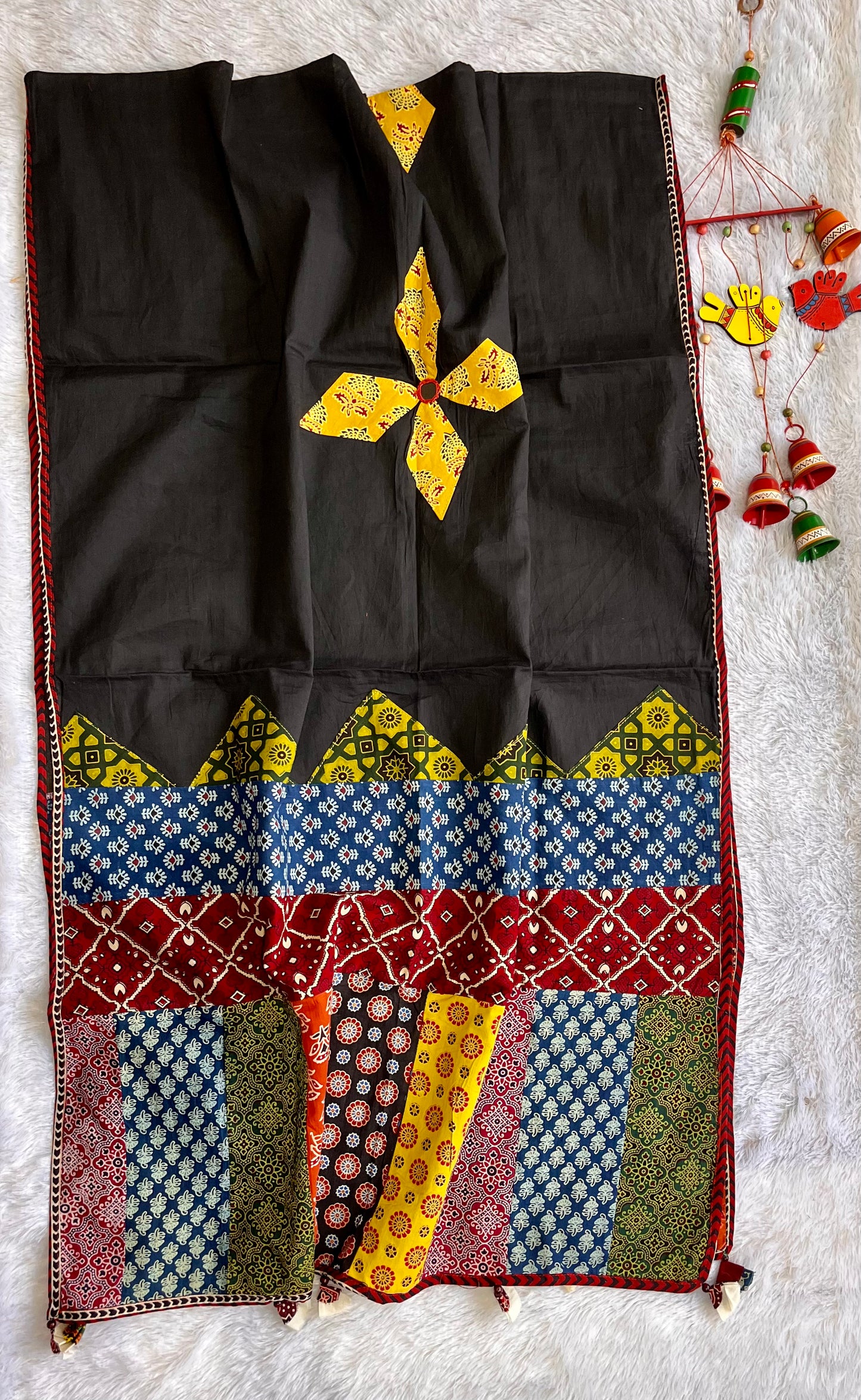 Black and Yellow Ajrakh Applique Patchwork Cotton Dupatta