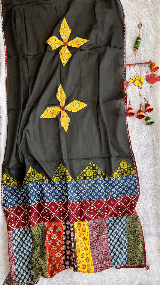 Black and Yellow Ajrakh Applique Patchwork Cotton Dupatta