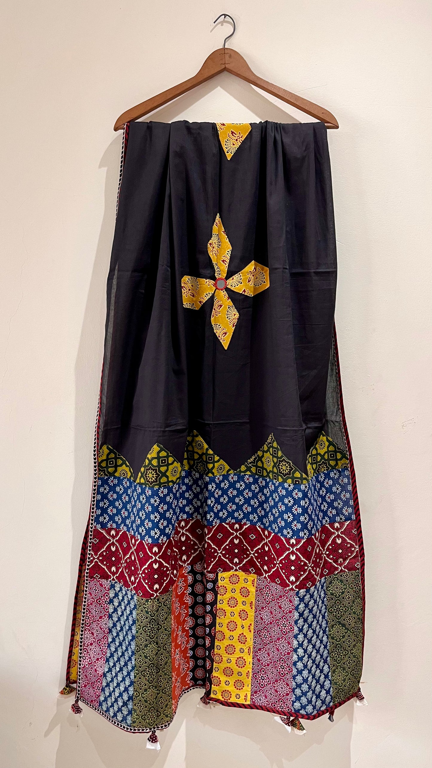 Black and Yellow Ajrakh Applique Patchwork Cotton Dupatta