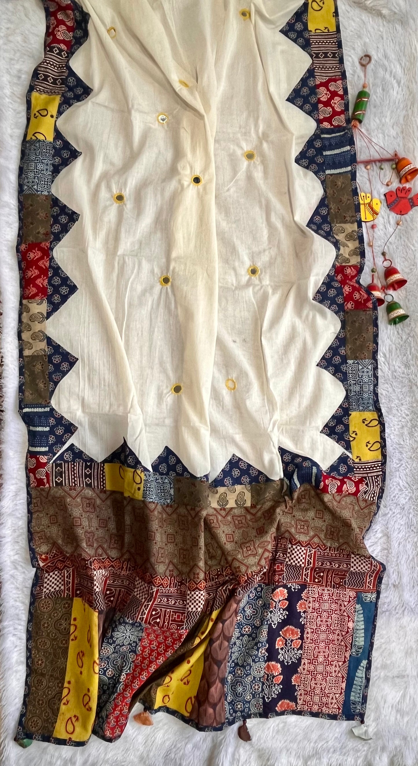 Pristine White Ajrakh Applique Patchwork Cotton Dupatta with Mirror Work