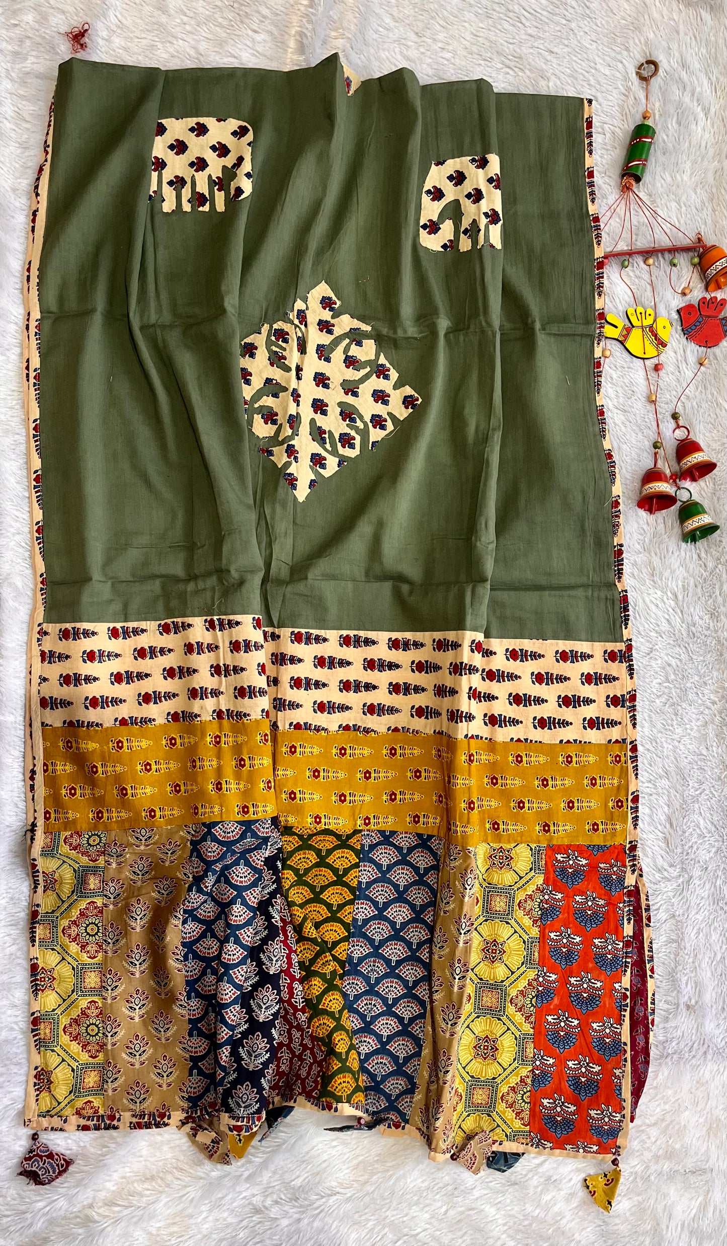 Mehendi Green Ajrakh Applique Patchwork Cotton Dupatta