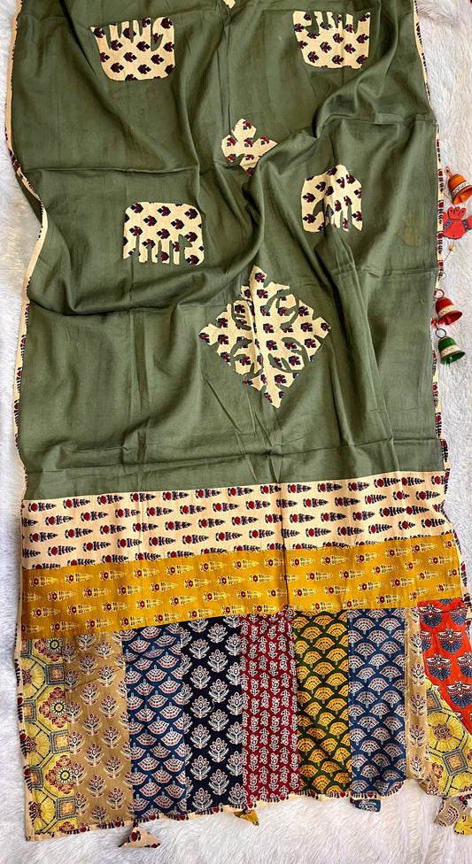 Mehendi Green Ajrakh Applique Patchwork Cotton Dupatta