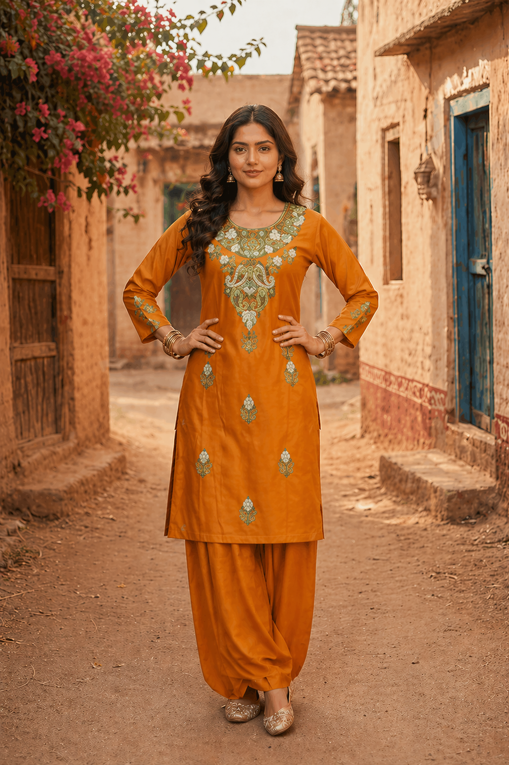 Mustard Shade Floral Kashmiri Aari Work Knee Length Cotton Kurta