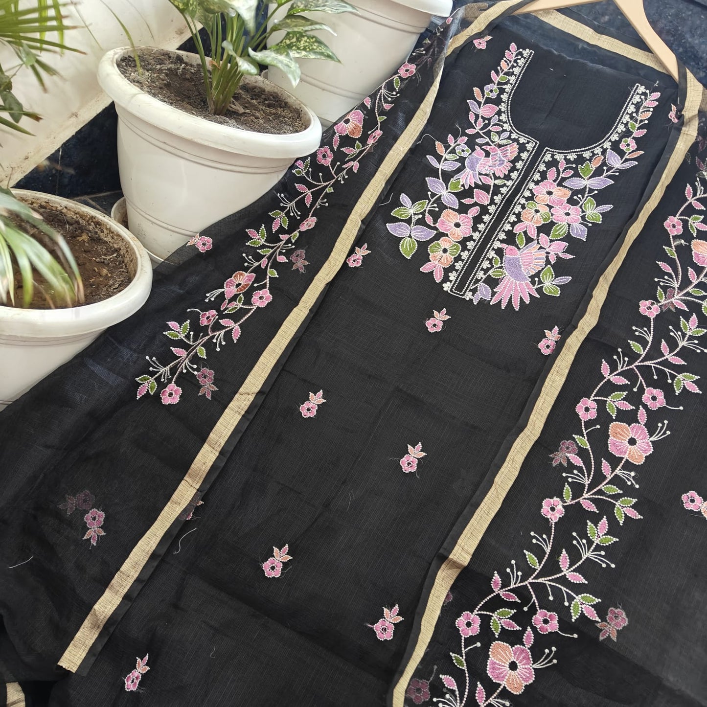 Midnight Black Kota Doria 3 Piece Suit Set with Bird Motif and Kota Doria Dupatta