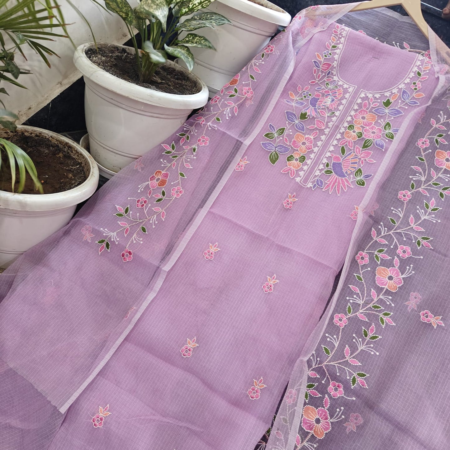 Soft Lavender Kota Doria 3 Piece Suit Set with Bird Motif and Kota Doria Dupatta
