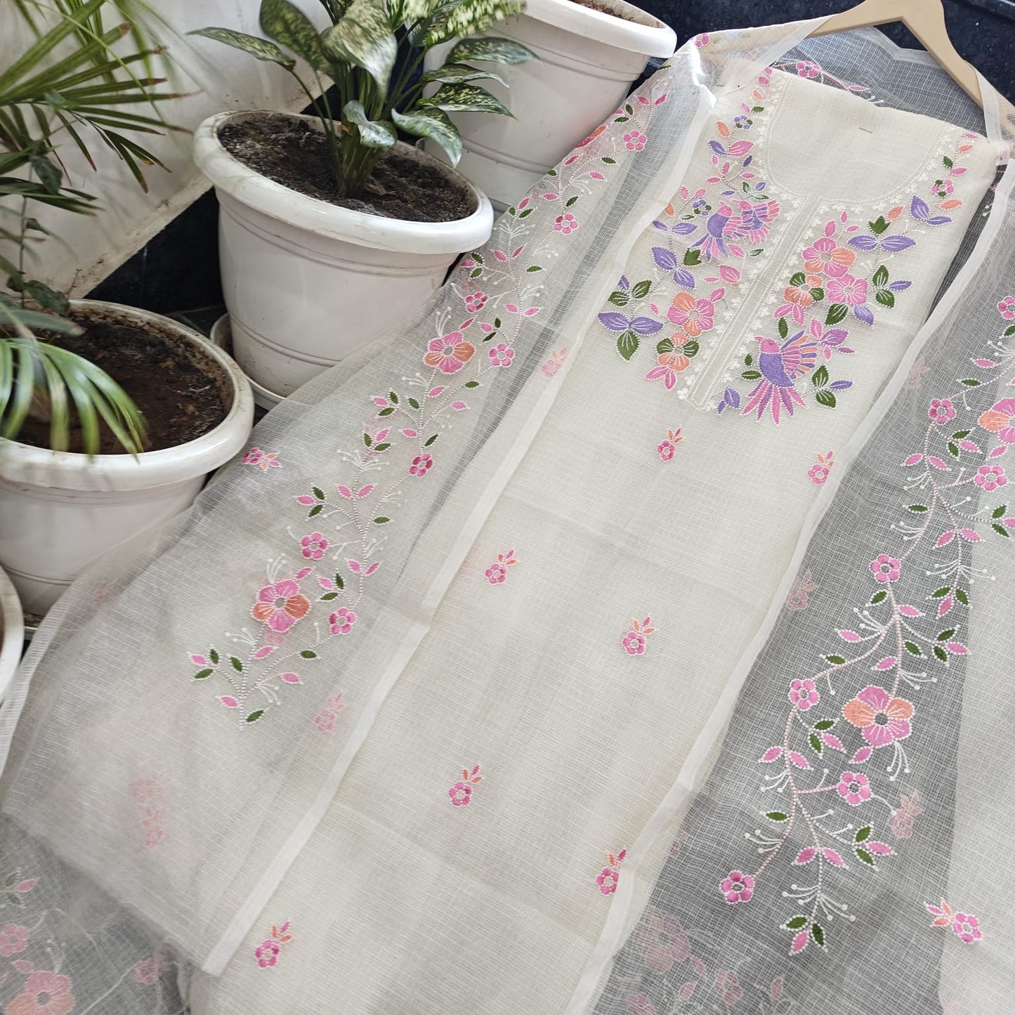 Angel White Kota Doria 3 Piece Suit Set with Bird Motif and Kota Doria Dupatta