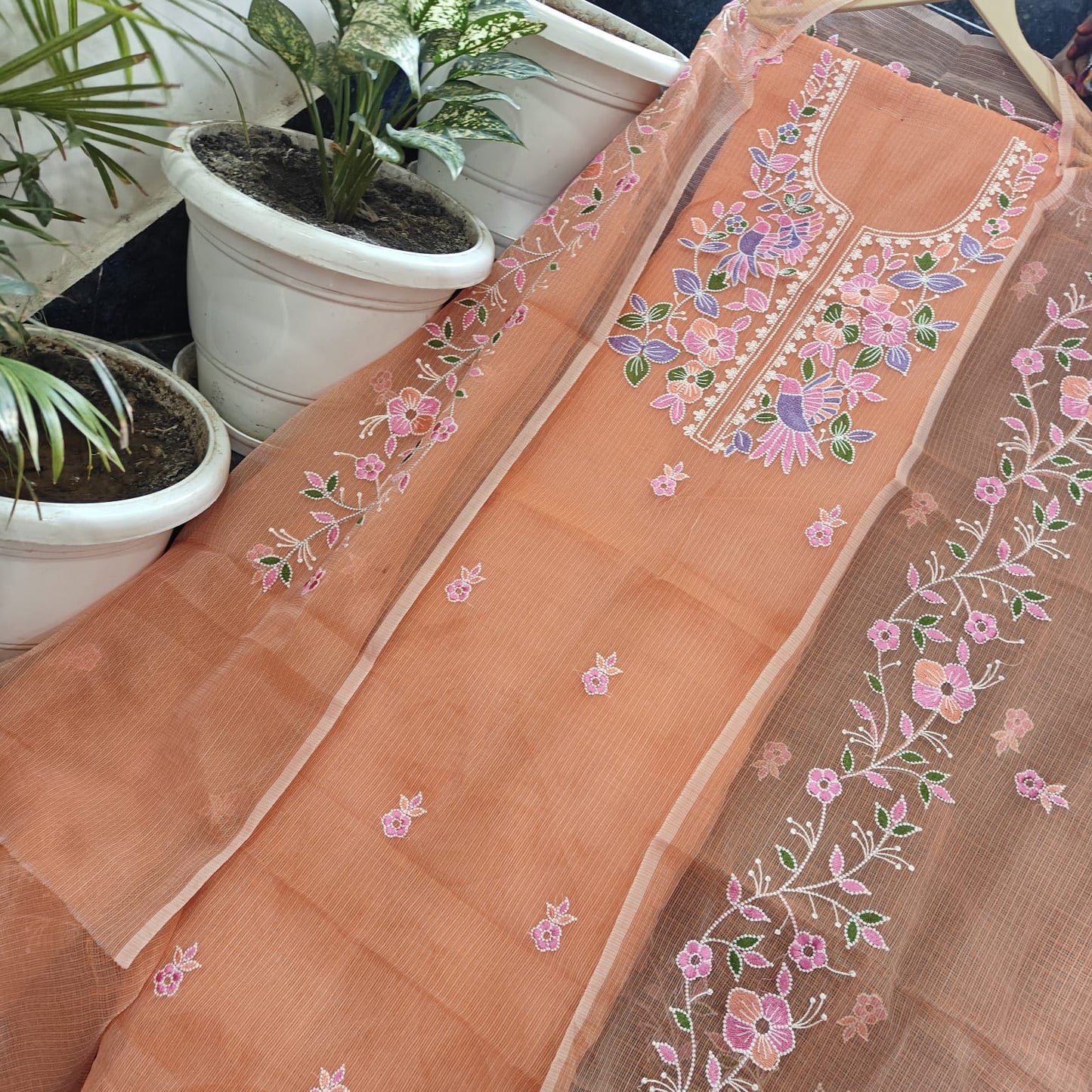 Peachy Orange Kota Doria 3 Piece Suit Set with Bird Motif and Kota Doria Dupatta