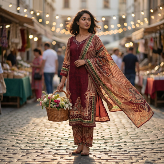 Deep Red Floral Print Muslin Suit Set with Inner Lining