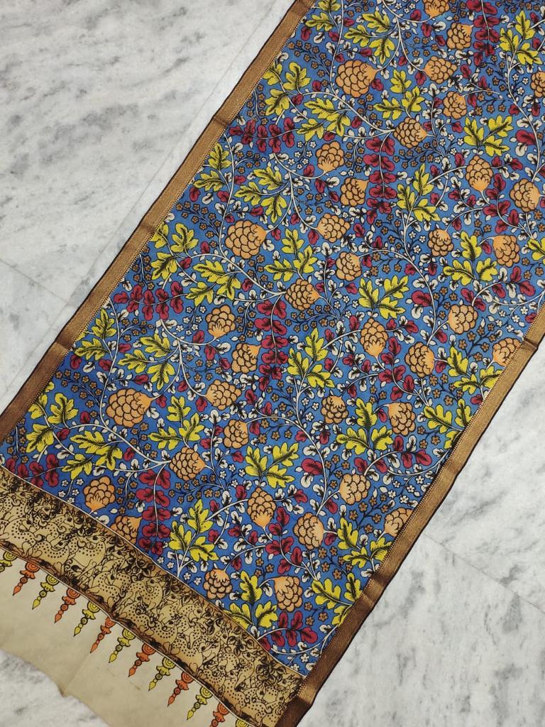 Blue Multicolour Flowers Hand-painted KalamkariBangalore Silk Dupatta  with Zari Border