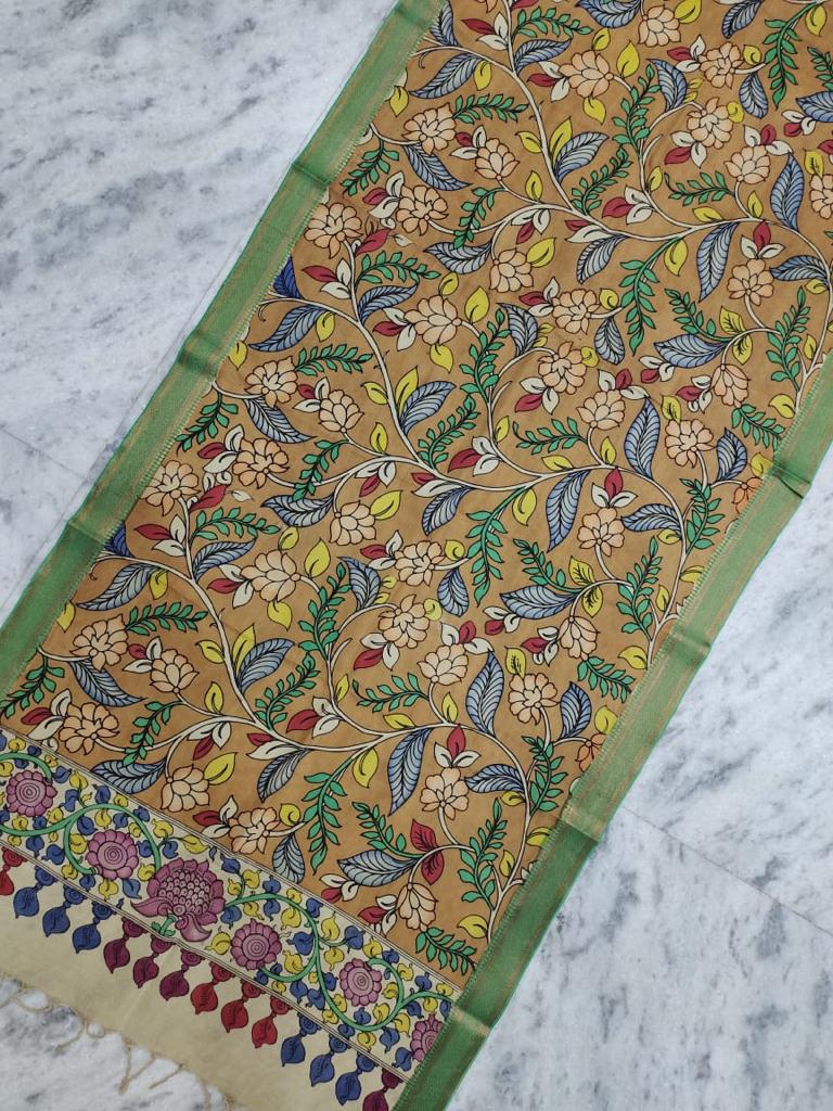 Mehendi Green Flowers Hand-painted KalamkariBangalore Silk Dupatta  with Zari Border