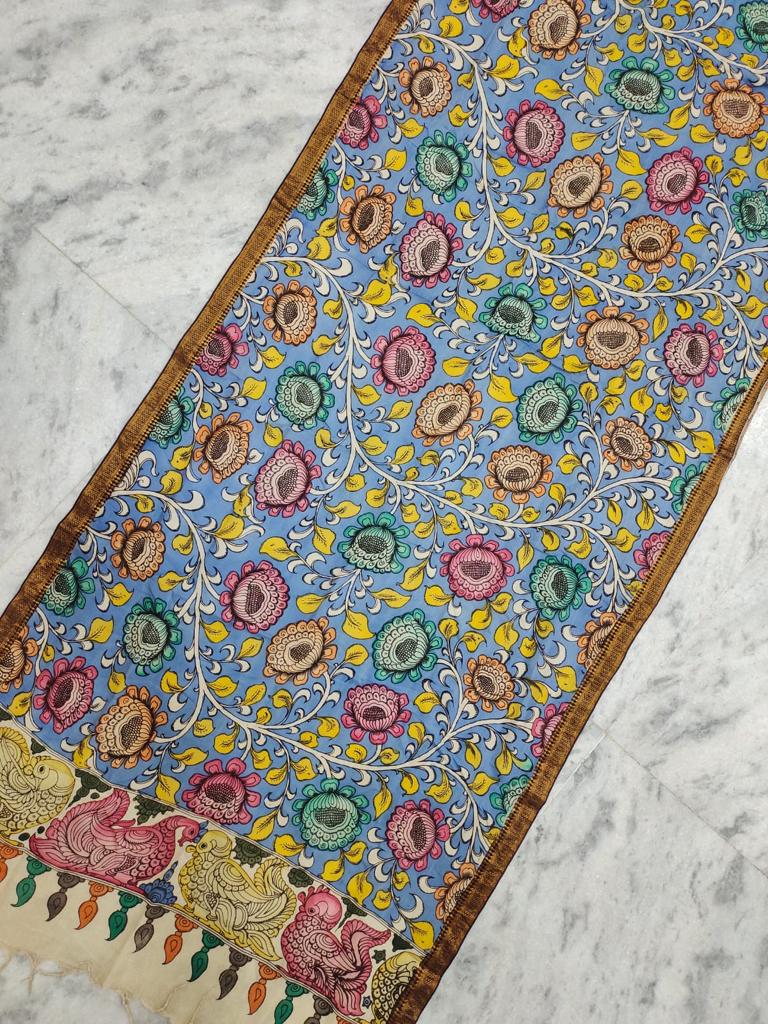 Ash Blue Flowers Hand-painted Kalamkari Bangalore Silk Dupatta  with Zari Border