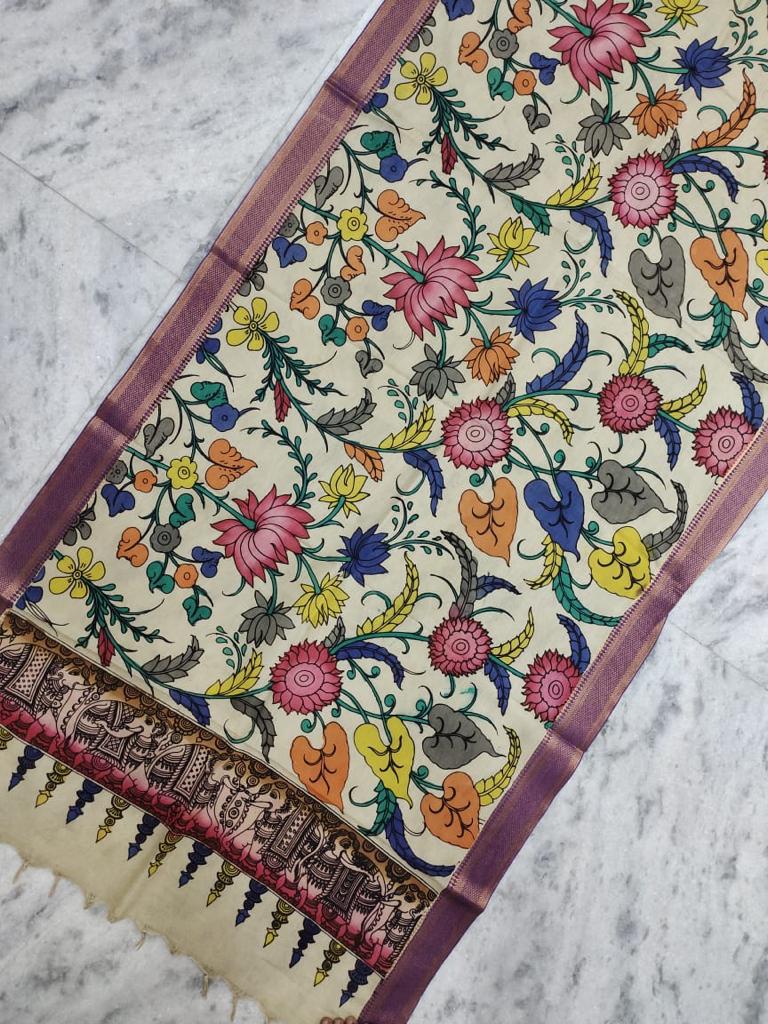 Cream Multicolour Flowers Hand-painted KalamkariBangalore Silk Dupatta  with Zari Border