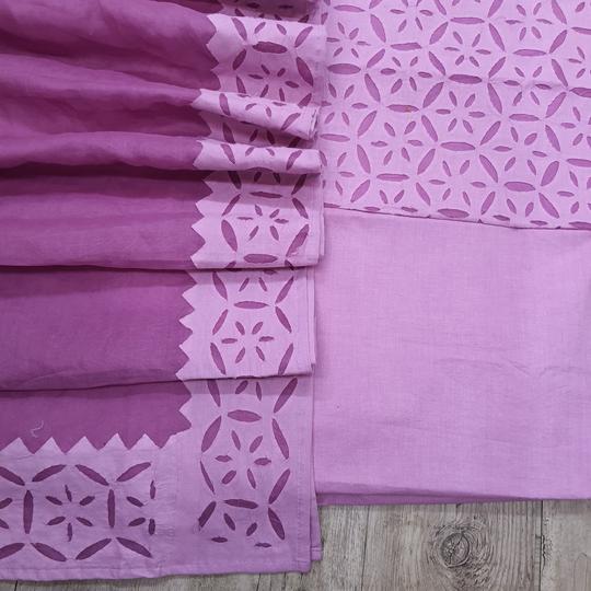 Lavender Barmer Applique Cut Work Cotton 3pc Suit Material Set