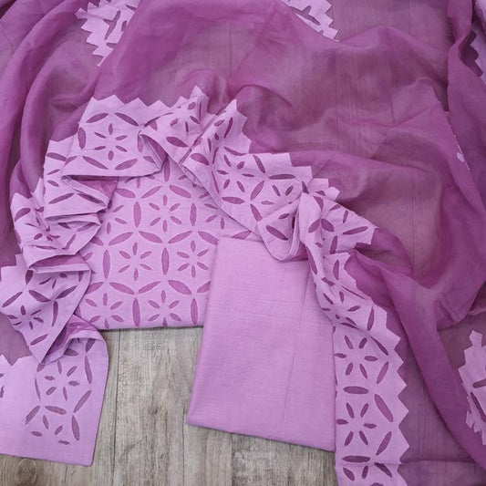 Lavender Barmer Applique Cut Work Cotton 3pc Suit Material Set