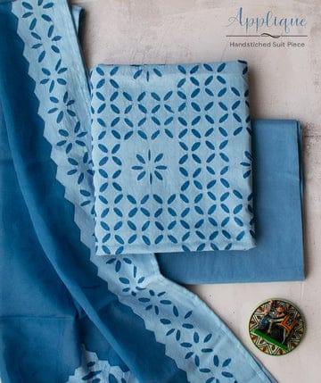 Ash Blue Barmer Applique Cut Work Cotton 3pc Suit Material Set