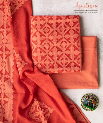 Flaming Orange Barmer Applique Cut Work Cotton 3pc Suit Material Set