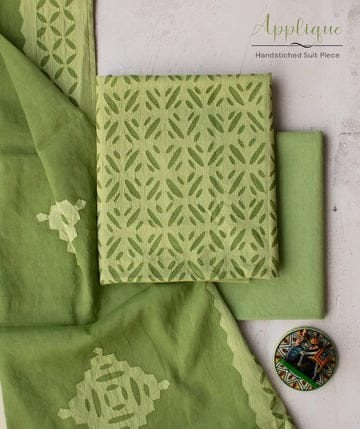 Mehendi Green Barmer Applique Cut Work Cotton 3pc Suit Material Set