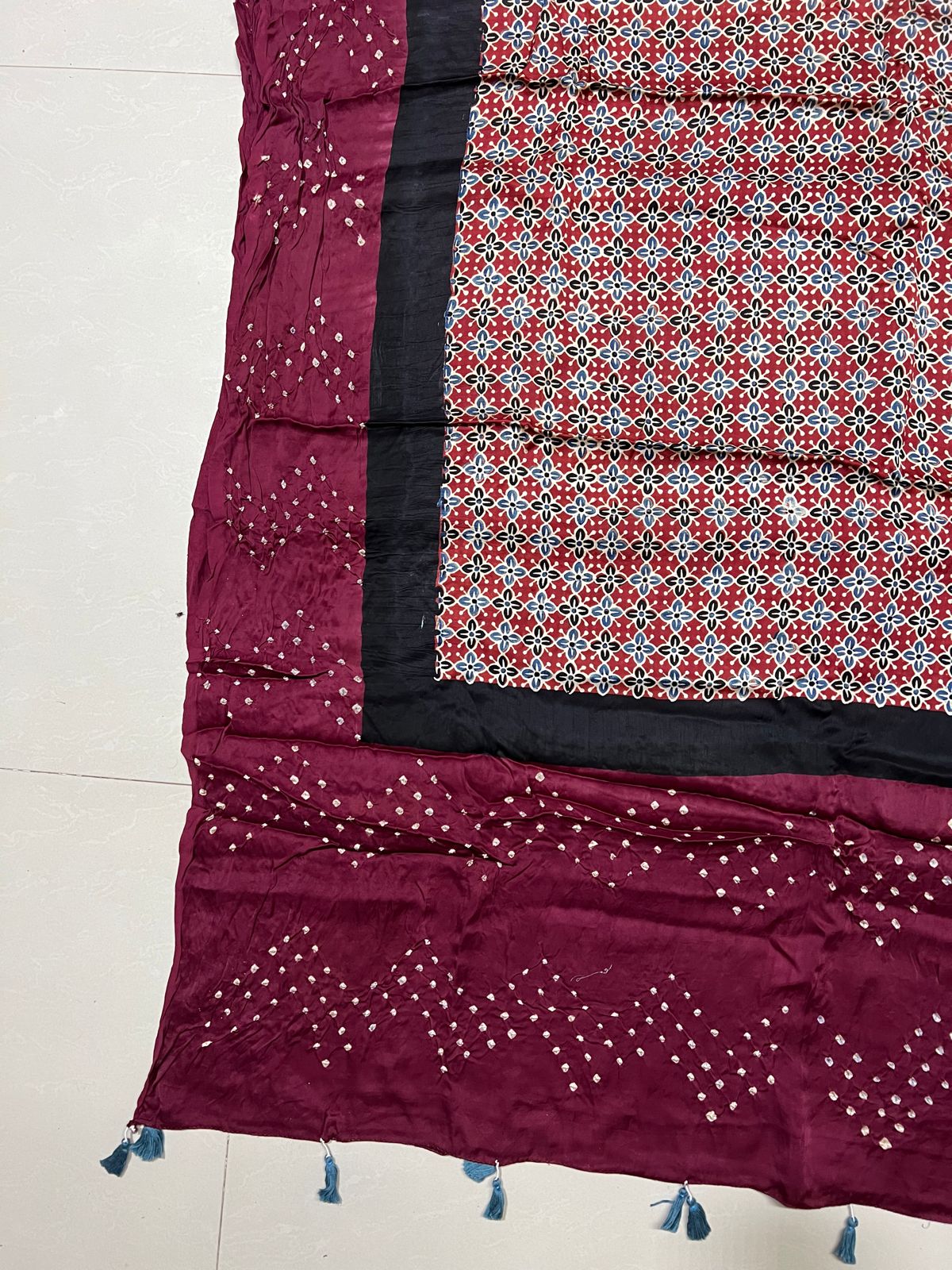 Red Small Jaali and Maroon Modal Silk Bandhani Ajrakh Dupatta