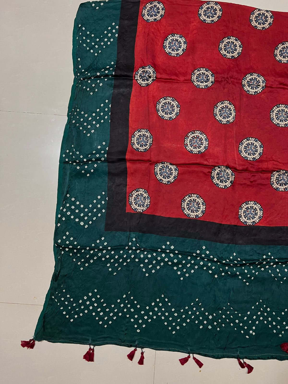 Red and Green Gol Motif Modal Silk Bandhani Ajrakh Dupatta