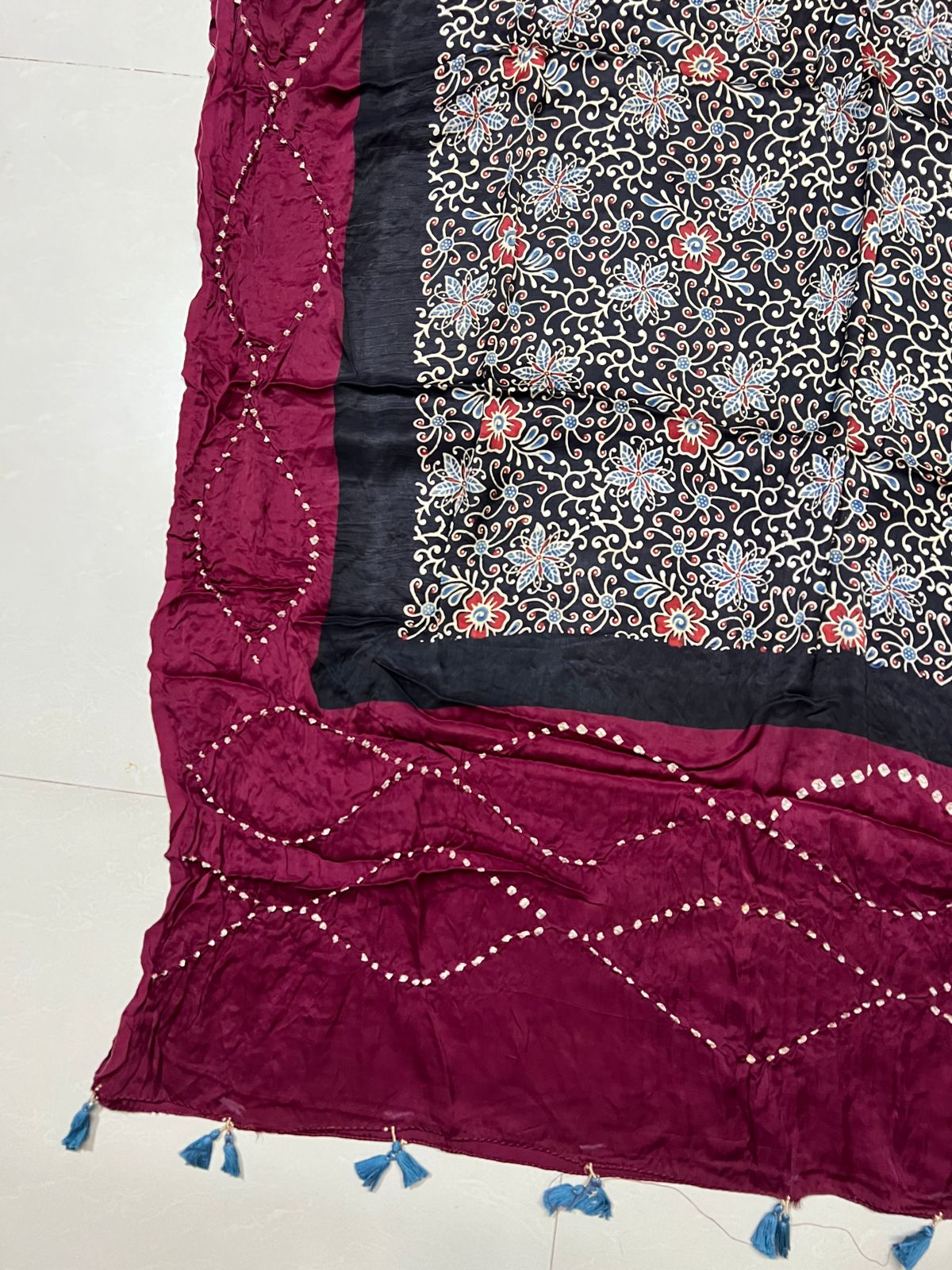 Black and Maroon Modal Silk Bandhani Ajrakh Dupatta