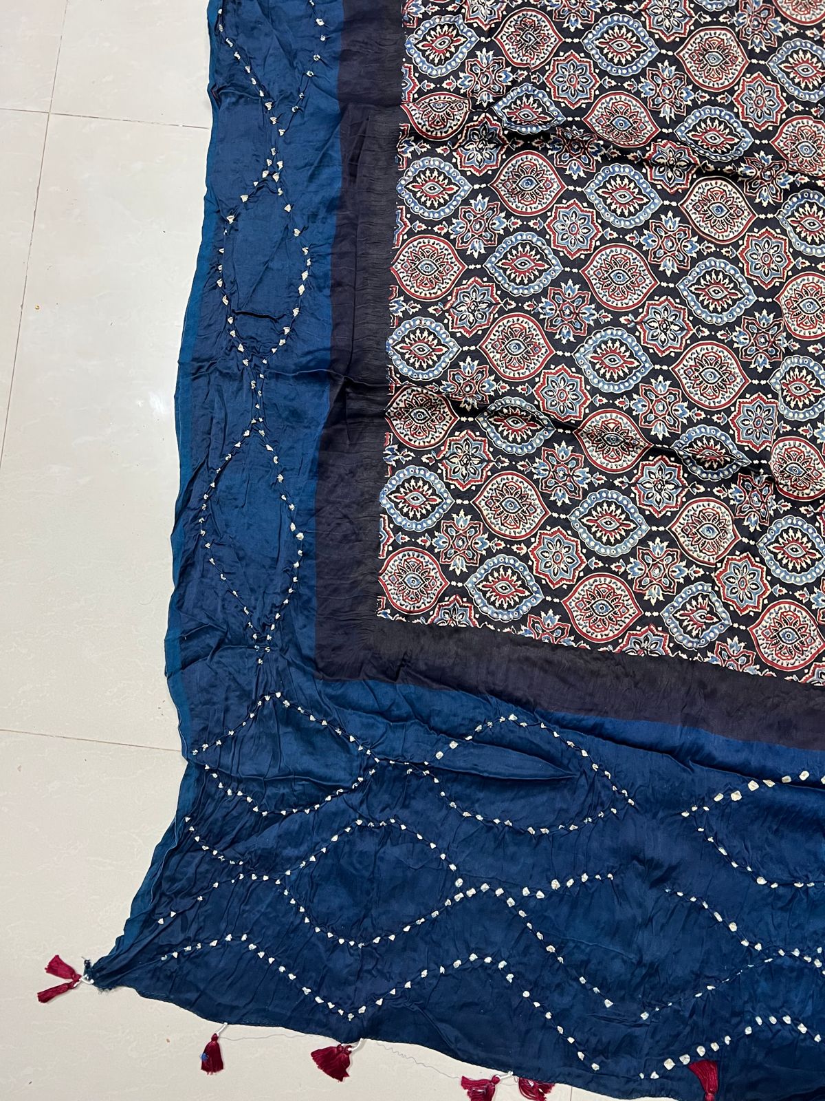 Black and Navy Blue Classic Design Modal Silk Bandhani Ajrakh Dupatta