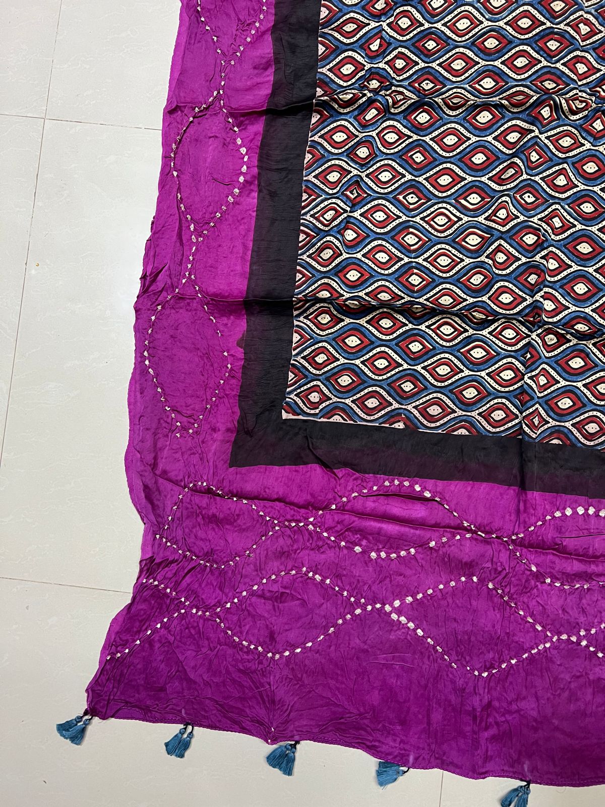 Multicolour and Magenta Modal Silk Bandhani Ajrakh Dupatta