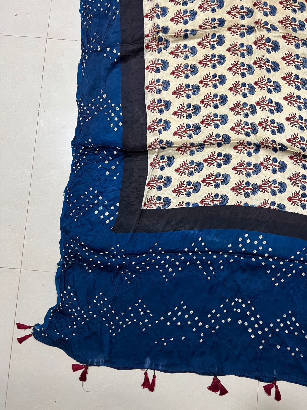 Cream and Teal Blue Modal Silk Bandhani Ajrakh Dupatta