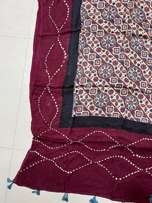 Cream and Maroon Modal Silk Bandhani Ajrakh Dupatta