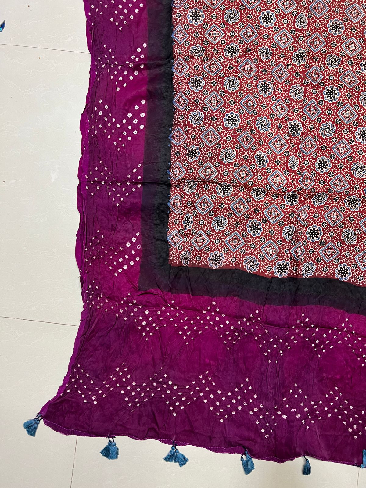 Red and magenta Pink Modal Silk Bandhani Ajrakh Dupatta