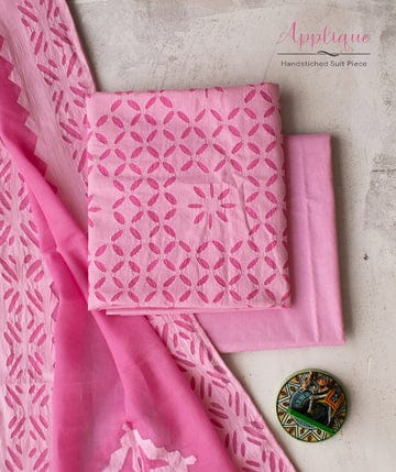 Coral Pink Barmer Applique Cut Work Cotton 3pc Suit Material Set