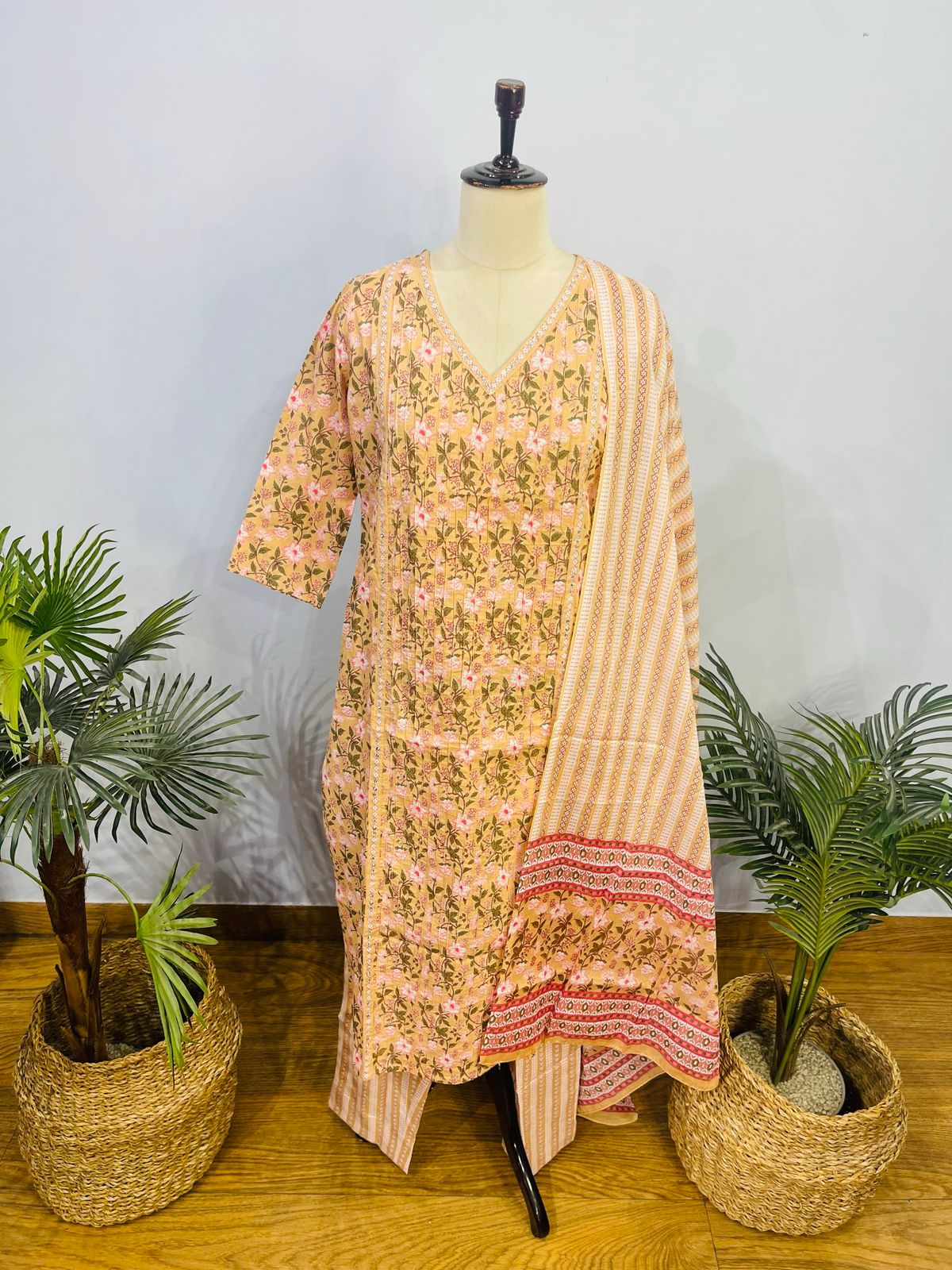 Badaami Floral Print Pure Cotton Suit Set with Smoking Details