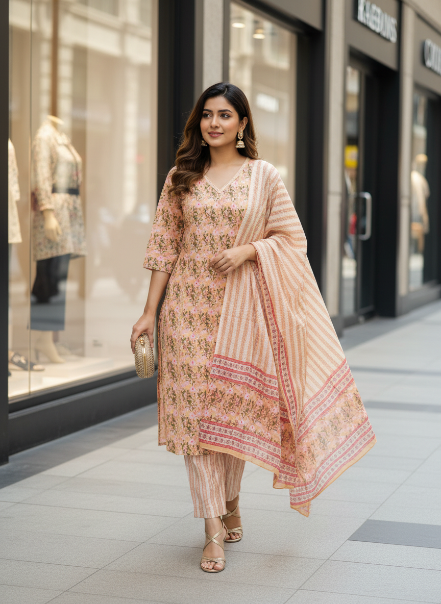 Badaami Floral Print Pure Cotton Suit Set with Smoking Details