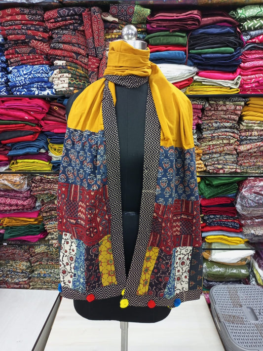 Yellow Ajrakh Patchwork Cotton Stole