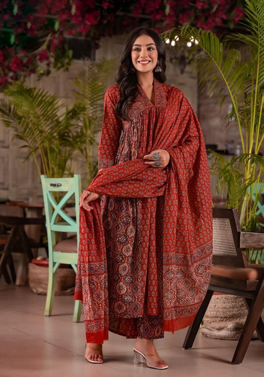 Ajrakh Maze Print Pure Cotton Alia Cut Suit Set