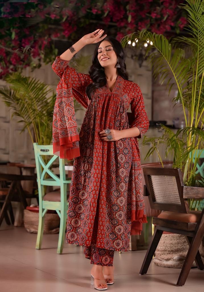 Ajrakh Maze Print Pure Cotton Alia Cut Suit Set