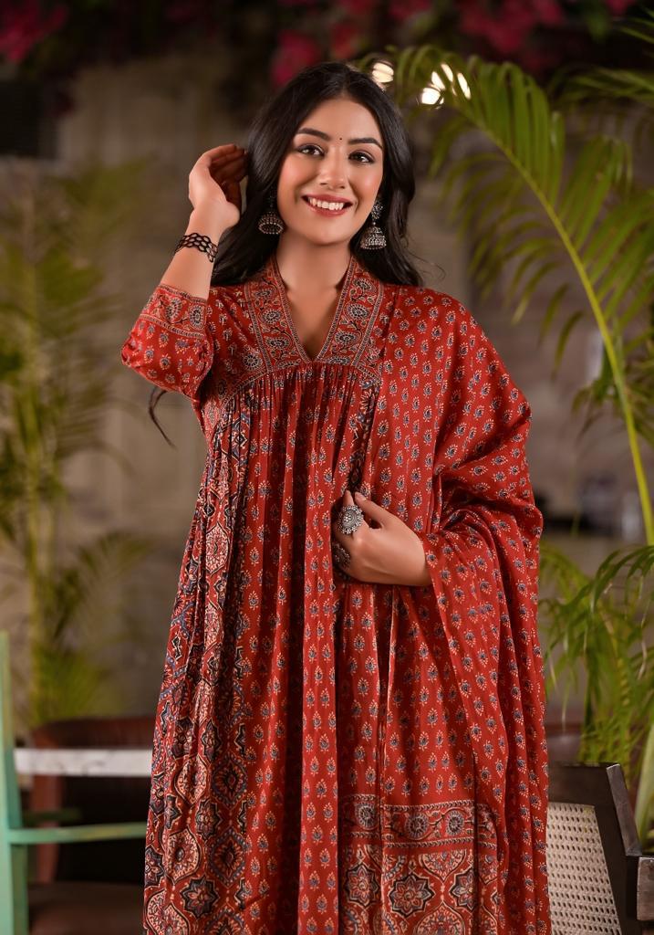 Ajrakh Maze Print Pure Cotton Alia Cut Suit Set