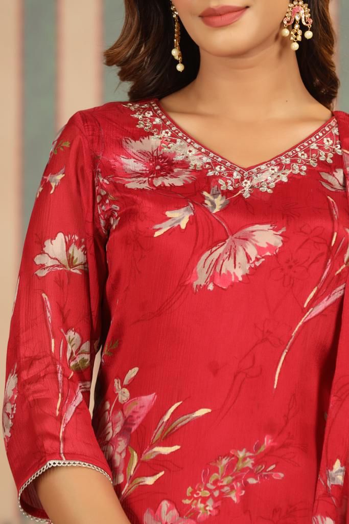 Chery Red Floral Print Pure Chinnon Suit Set with Inner Lining