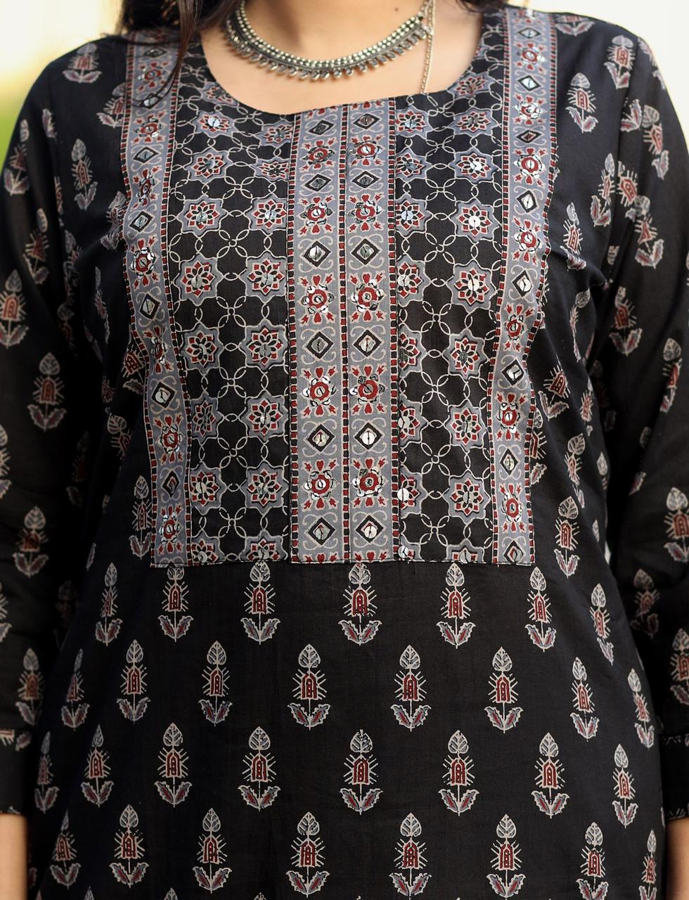 Black Ajrakh Print Suit Set with Yoke design and Ajrakh Cotton Dupatta