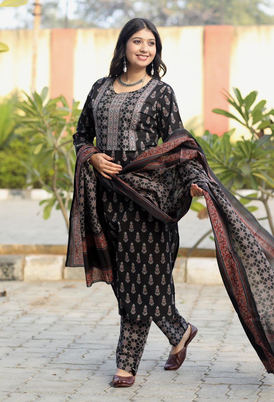 Black Ajrakh Print Suit Set with Yoke design and Ajrakh Cotton Dupatta