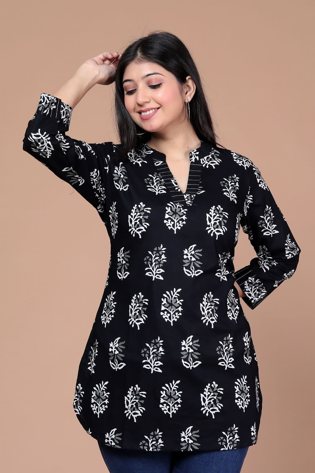 Black Booti Motif Pure Cotton Short Kurti