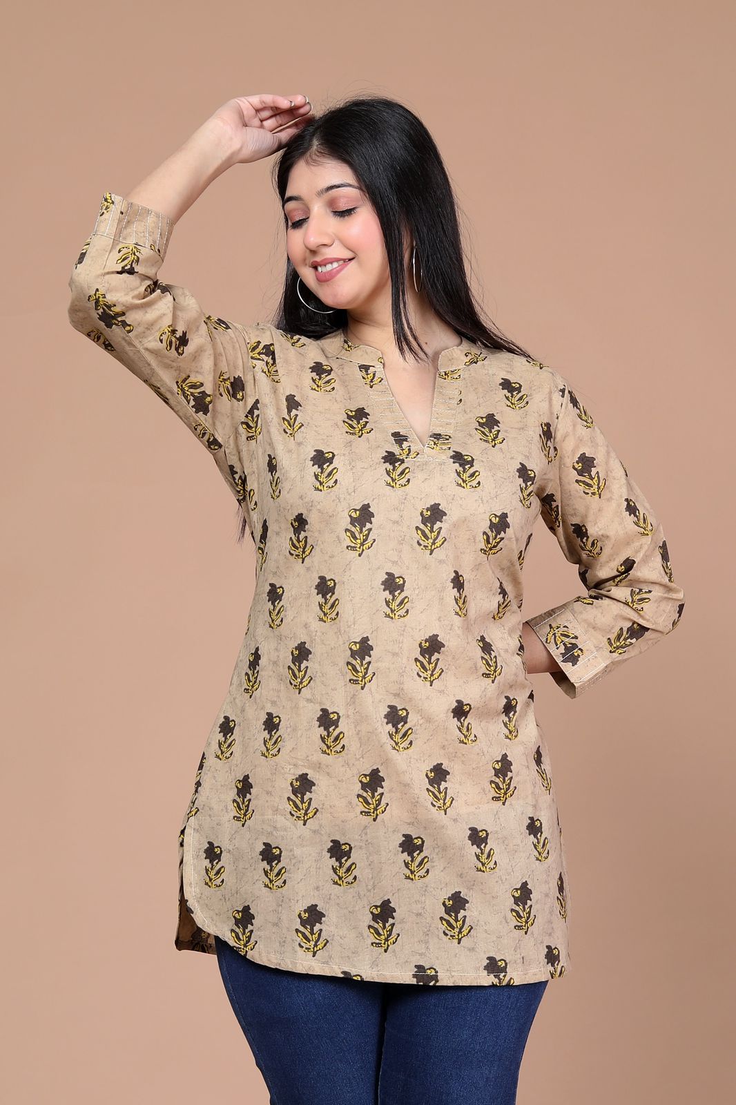 Beige Small Booti Motif Pure Cotton Short Kurti