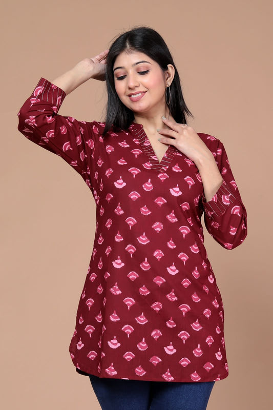 Magenta Pink Small Booti Motif Pure Cotton Short Kurti